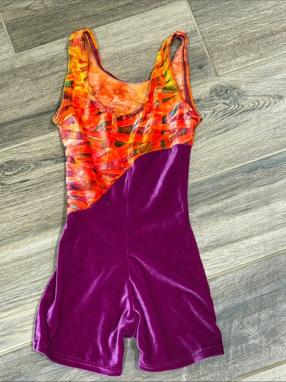 Motionwear Girls Orange Print & Purple Velvet Gymnastics Leotard Sz 6X 7 b77